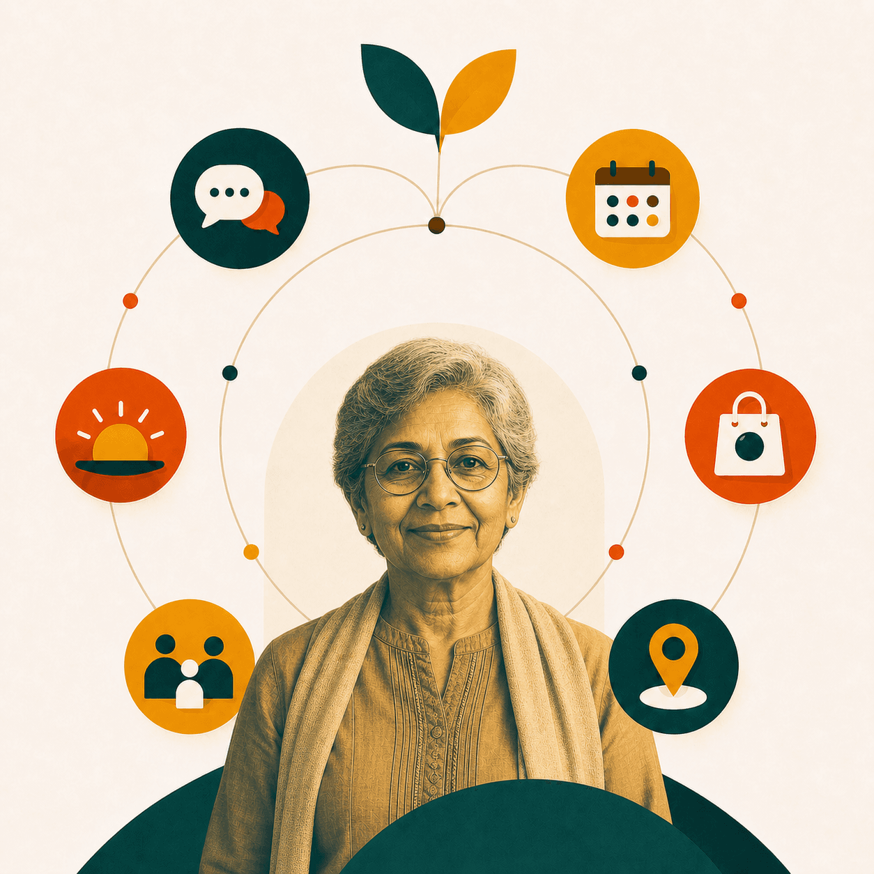 An older Indian woman surrounded by symbols for conversation, routines, appointments, everyday needs, family and local support